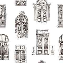 Drawing vintage seamless background with old doors. Pattern with sketch of retro doors.