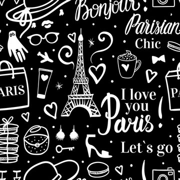 Vector Seamless pattern I love Shopping in Paris airport. Eiffel Tower fashion illustration. Handdrawn white vector on black background.
