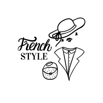 French Style woman Fashion black illustration woman with hat and collar and bag. Vector hand sketch illustration