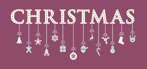 Christmas wishes with hanging decorations. Vector.