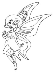 Line art illustration of happy cartoon fairy, flying with butterfly wings.