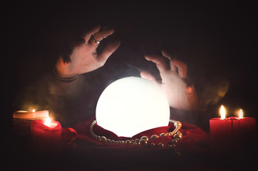 Crystal ball on the magic table background. Future reading.