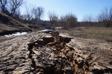View of the ravine edge formed from sandy-clay rock