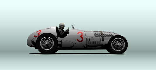 Retro race car in vector with driver. Shown from the side with perspective.