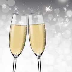 Vector Happy New Year with toasting glasses of champagne on white snow background in realistic style. Greeting card or party invitation with golden bright illustration.