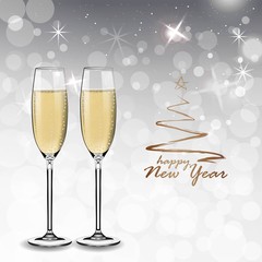 Vector Happy New Year with toasting glasses of champagne on white snow background in realistic style. Greeting card or party invitation with golden Christmas tree illustration.