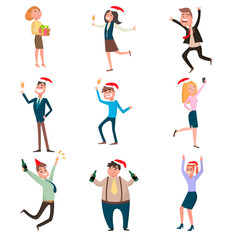 Fototapeta premium Workers of various professions celebrate the holiday dancing and having fun in formal clothes giving each other gifts and opening champagne.