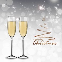 Vector Happy New Year with toasting glasses of champagne on white snow background in realistic style. Greeting card or party invitation with golden Christmas tree illustration.