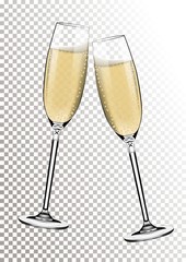 Vector Happy New Year with toasting glasses of champagne on transparent background in realistic style. Greeting card or party invitation with golden bright illustration. - obrazy, fototapety, plakaty