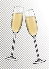 Fotobehang Vector Happy New Year with toasting glasses of champagne on transparent background in realistic style. Greeting card or party invitation with golden bright illustration. © wowanneta
