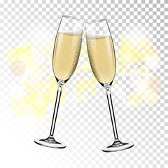 Vector Happy New Year with toasting glasses of champagne on transparent background in realistic style. Greeting card or party invitation with golden bright illustration.