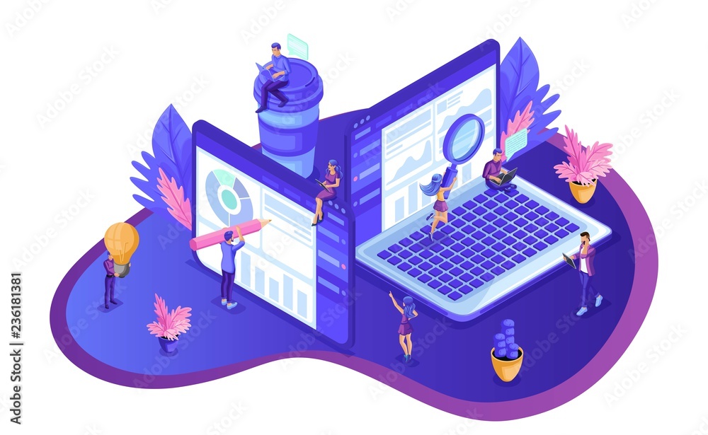 Poster isometric design seo analytics. search engine optimization analysis concept. it specialists working 