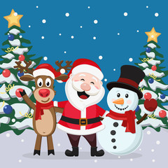 Santa Claus with deer and snowman on winter landscape background.