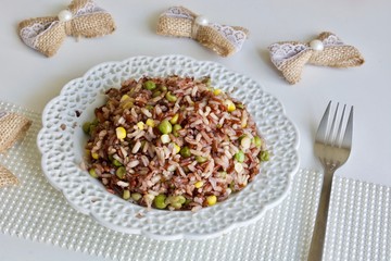 Tasty vegetable wild rice on the white background