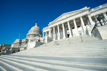 Wide view of the empty steps leading up to the Capitol Building under bright blue sky in Washington, DC, USA