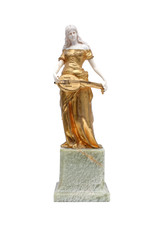 Antique statuette woman with musical instrument made of bronze and bone on white background. Isolated.