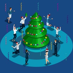 Christmas illustration, Isometric men and women jumping around the Christmas tree, celebrating Christmas, business man happy in bright caps