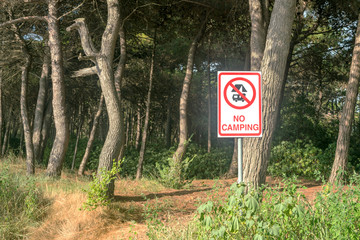 NO CAMPING - notice on a pole in the park of the national green zone, trees in the forest background