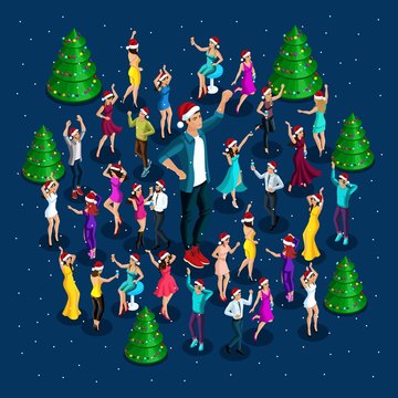 Isometrics people celebrate Christmas, party, dancing around the Christmas tree, a big man in dance, around a lot of dancing people, drinks, a nightclub