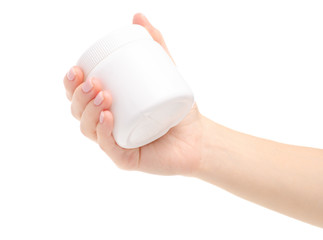 White jar medicine healthy in hand on white background isolation