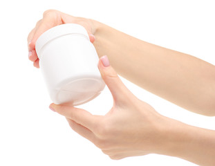White jar medicine healthy in hand on white background isolation