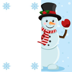 Snowman in a hat and scarf looks out from behind the white sheet.