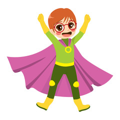 Cute little happy nerd kid with glasses wearing super hero costume