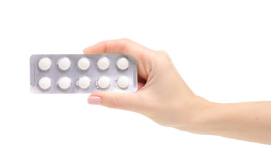 The blister pills in hand medicine on white background isolation