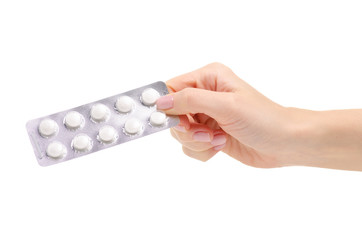 The blister pills in hand medicine on white background isolation