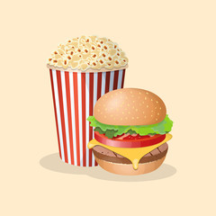 Burger with popcorn - cute cartoon colored picture. Graphic design elements for menu, poster, brochure. Vector illustration of fast food for bistro, snackbar, cafe or restaurant.