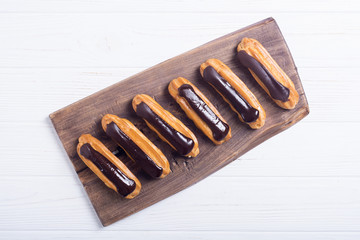 French dessert eclair with chocolate .