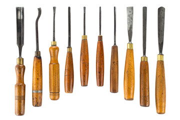 Set of wood chisel for carving wood, sculpture tools on white background