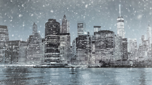 Toned photo of New York City Manhattan downtown skyline at winter night