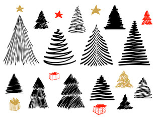 Big set of Christmas Tree doodle. Hand drawn vector conceptual graphic sketch illustration. Isolated stock elements for design