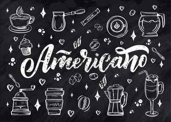 Hand lettering name of coffee with sketch for coffee shop or cafe. Hand drawn vintage typography phrase, isolated on white background