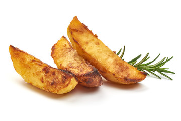 Baked Potato Wedges in a bowl with herbs, isolated on a white background. Close-up