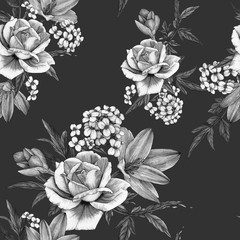 Floral seamless pattern with watercolor roses, crocuses and jasmine 