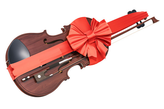 Violin with bow and ribbon, gift concept. 3D rendering