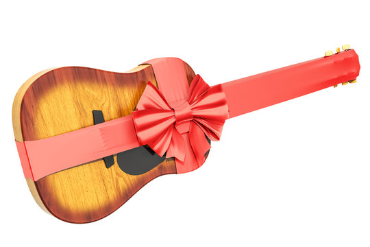 Wooden guitar with bow and ribbon, gift concept. 3D rendering