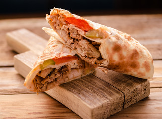 Shawarma sandwich gyro fresh roll of lavash (pita bread) chicken beef shawarma falafel RecipeTin...
