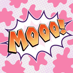 Mooo comics pop art icon. Cow sound Moo word bubble.