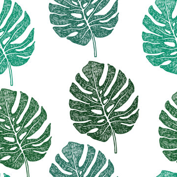 Tropical palm Monstera leaves Vector seamless pattern