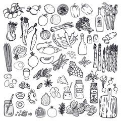 Food set Vegetables and fruits Black isolated objects