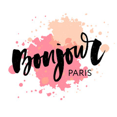 Vector poster calligraphy with Bonjoure translation: Hello phrase abstract decor. Handdrawn brush elements in soft palette. Isolated typography card. Design lettering for t-shirt, sticker, print © 1emonkey