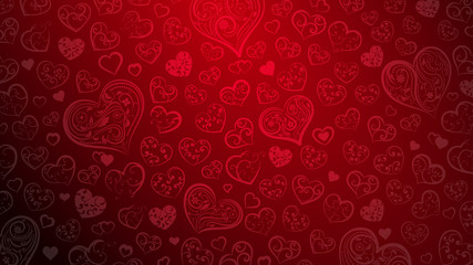 Background of small hearts with ornament of curls, in red colors