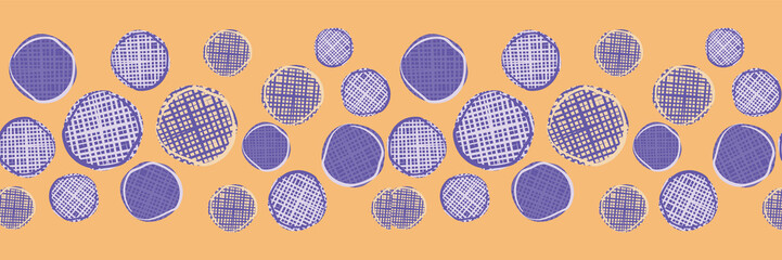 Cute seamless border pattern of textured circles of different sizes. Vector horizontal repeat design with yellow and purple. For ribbons, fabric borders,invitations, birthdays and washi tape.