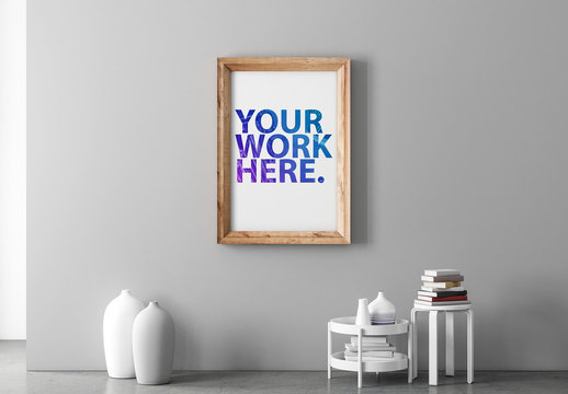 Wooden Framed Print on Gray Wall Mockup