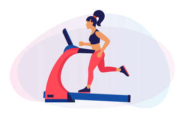 Theme of fitness, sport and training. An image of a cartoon girl on a treadmill. The concept of a healthy lifestyle. Cardio exercises on simulators. Vector flat illustration.