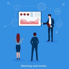 The man shows on the board and explains the lesson to the audience. Studying online, education, teaching, knowledge for employees. Joint staff meetings. Vector illustration, business project 