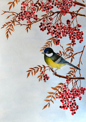 The watercolor illustration, made by hand, shows a bird titmouse on a rowan branch with many red berries.